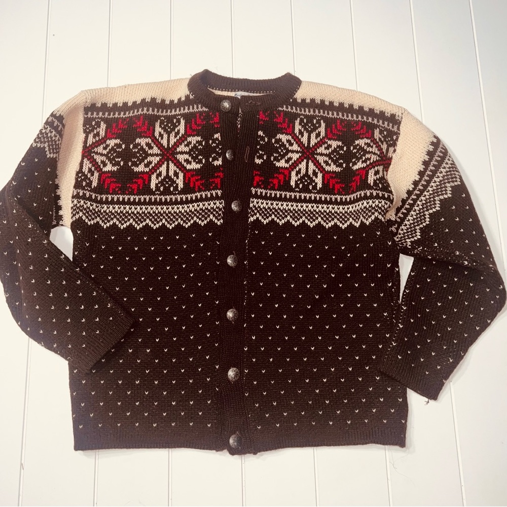 Vintage Made in Norway Wool Cardigan Sweater Pewter Buttons Fair Isle Nordic